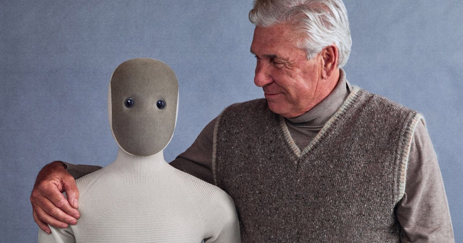 A real knitted textile face on the 1X Neo robot